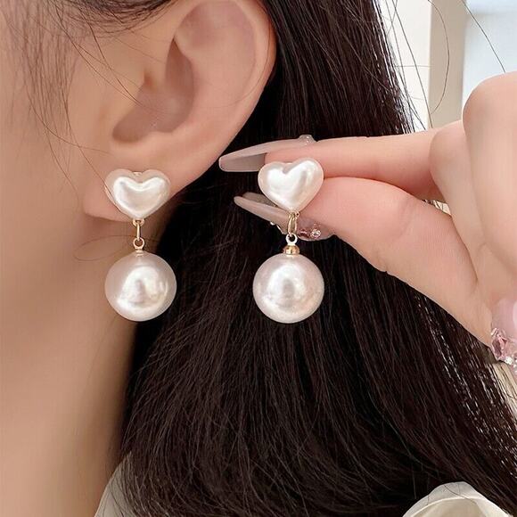 White Faux Pearl Oval Heart Dangly Earrings Boho Elegant Chic Event - Picture 4 of 8